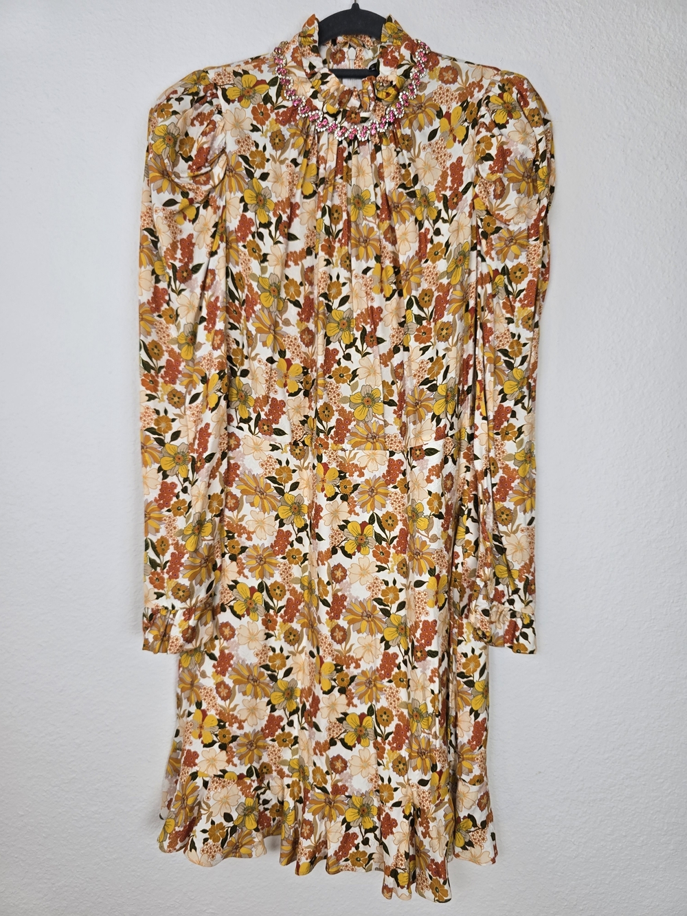 Sandro Floral High-Neck Long Sleeve Dress in Yellow, Cream & Brown